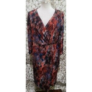 Roz Ali Dress Womens Size 12 Water Color V Neck Brown Blue Knee Length